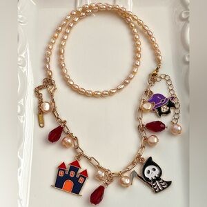 N233-Halloween Collection Champagne Freshwater Pearl Neckace And Bracelet Set